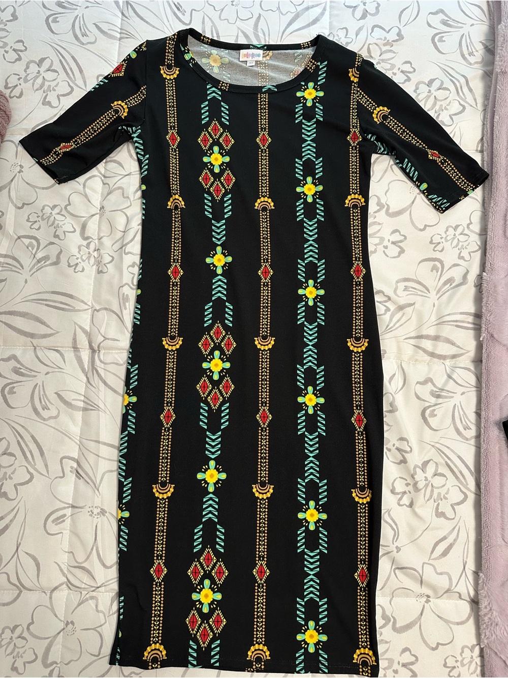 LuLaRoe Black Midi Dress with Yellow, Red & Teal Pattern